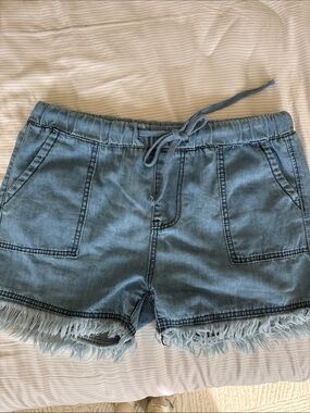 Collection B Light Blue Denim Frayed Drawstring Shorts